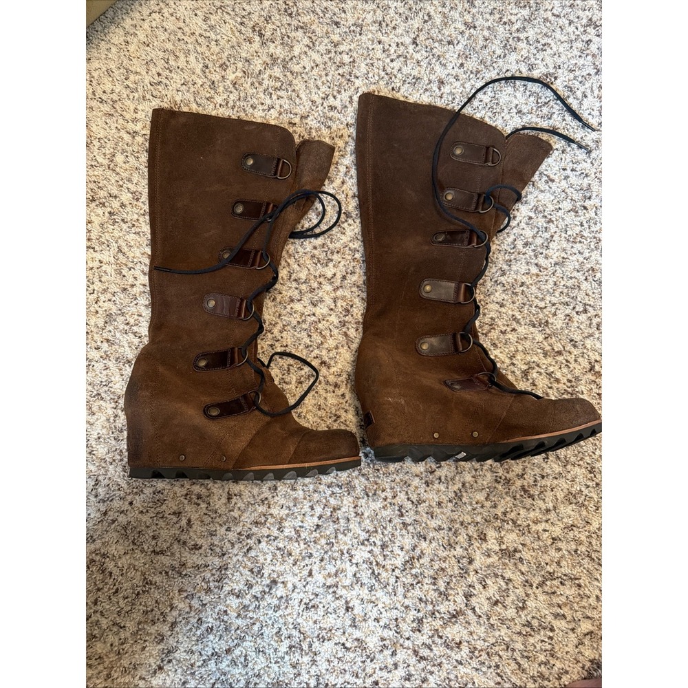 Sorel Joan New Wedge Tall Brown Leather Suede Boots Women's Sz 8.5, 2,5" Heel